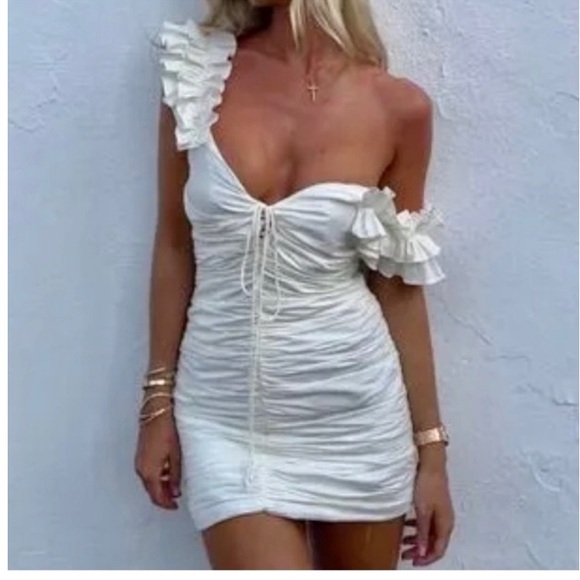 Zara bloggers favorite ruffle sleeve lined blend ruched lace up mini dress - Picture 14 of 16